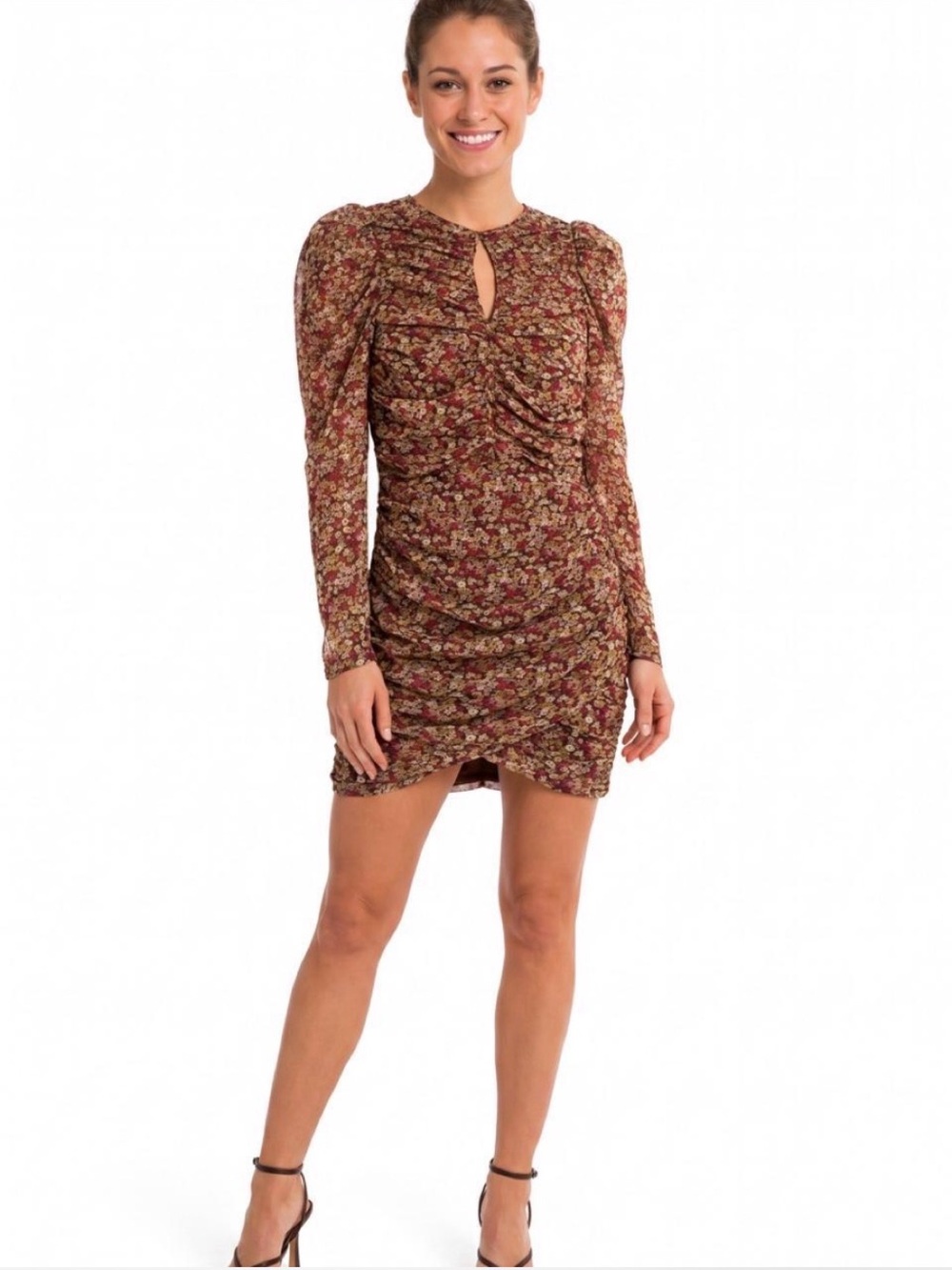 BARDOT Ruched Ditsy Floral Puff Sleeve Date Night Bodycon Mini Dress Size L